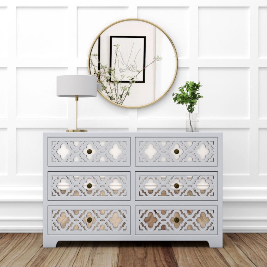 Wide Grey Mirrored Boho Chest of 6 Drawers - Alexis
