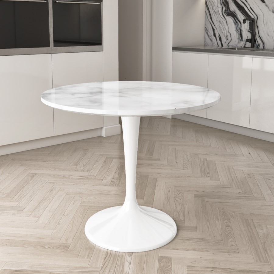GRADE A1 - Round White Faux Marble Dining Table - Seats 4 - Aura