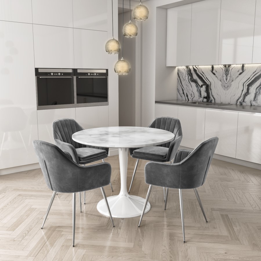 GRADE A1 - Round White Faux Marble Dining Table - Seats 4 - Aura