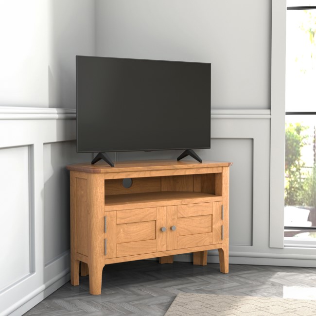 Corner TV Unit in Solid Oak with Storage - TV's up to 32" - Adeline