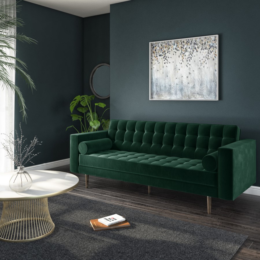 GRADE A2 - Buttoned Green Velvet Sofa - 3 Seater with Cushions - Elba