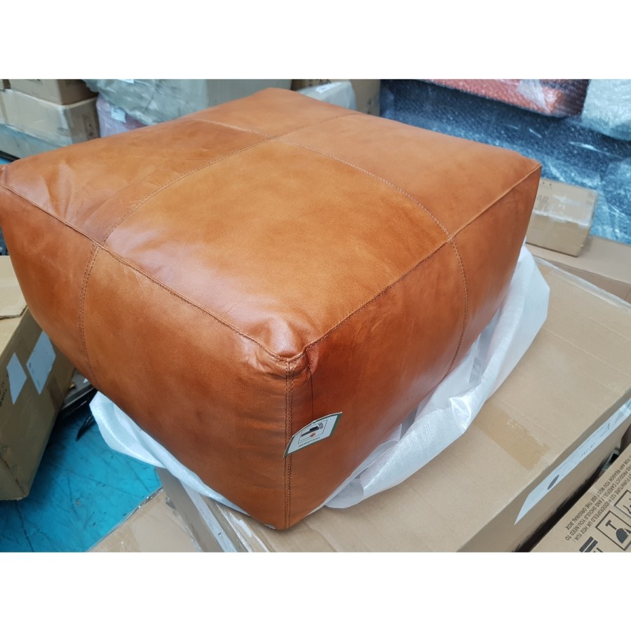 GRADE A2 - Natural Tan Leather Square Pouffe