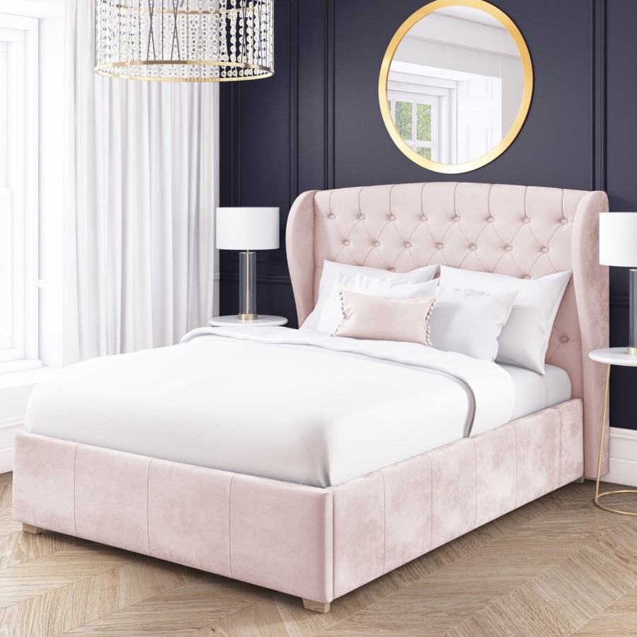 GRADE A2 - Safina King Size Wing Back Ottoman Bed in Baby Pink Velvet