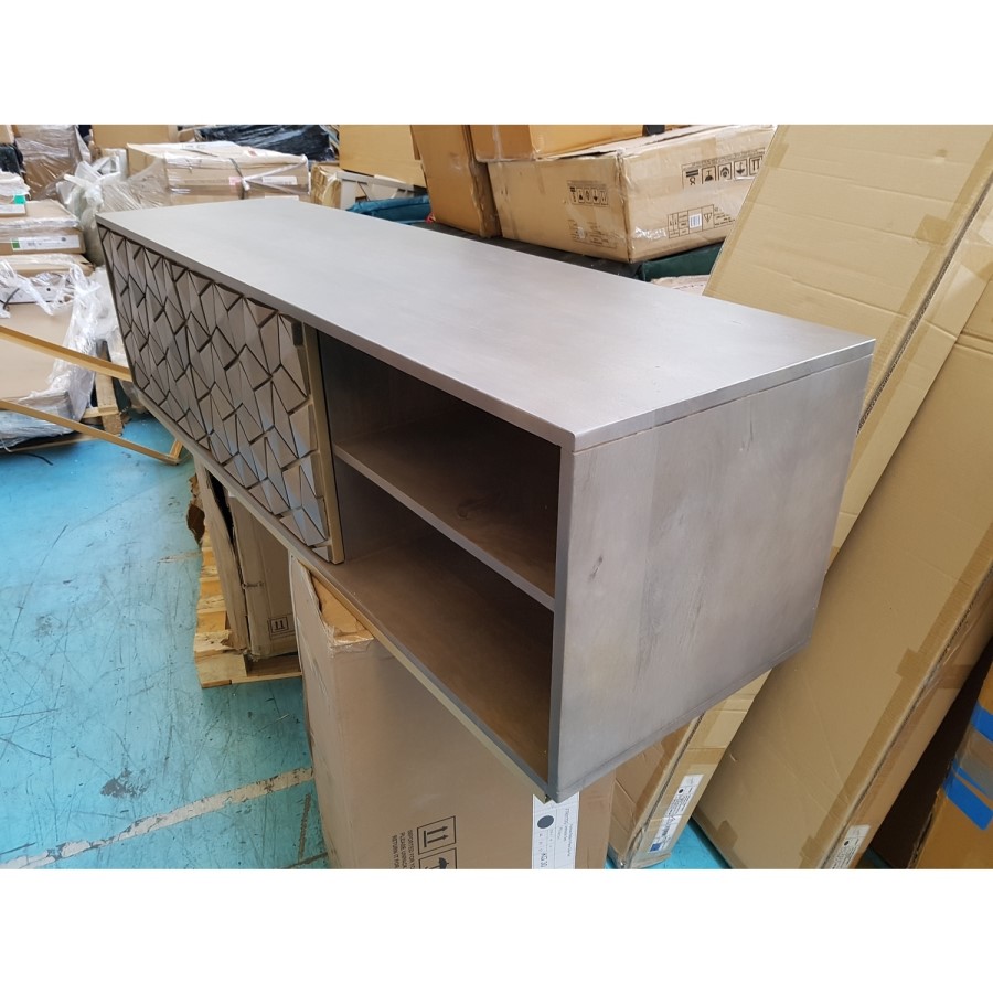 GRADE A2 - Grey Mango Wood TV Unit with Storage Shelves - Alice