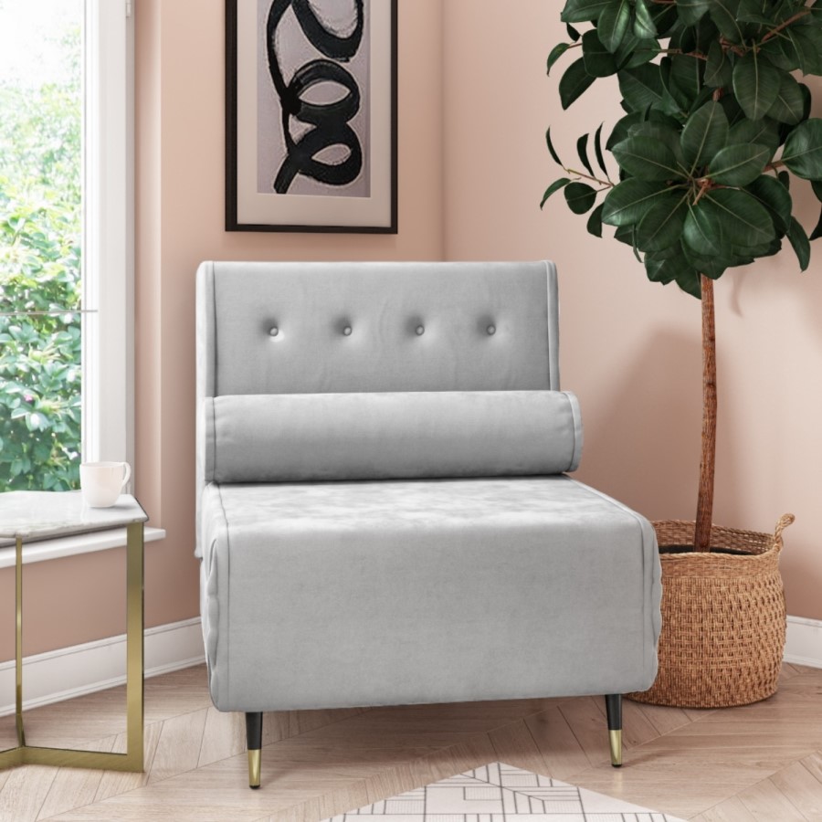 GRADE A2 - Single Sofa Bed in Silver Grey Velvet with Bolster Cushion - Eleni
