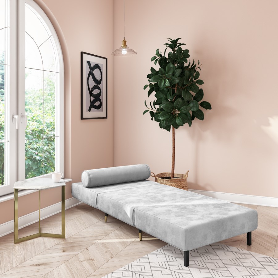 GRADE A2 - Single Sofa Bed in Silver Grey Velvet with Bolster Cushion - Eleni