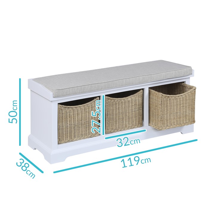 Elms White Solid Wood Blanket Box with Storage Wicker Baskets & Cushion