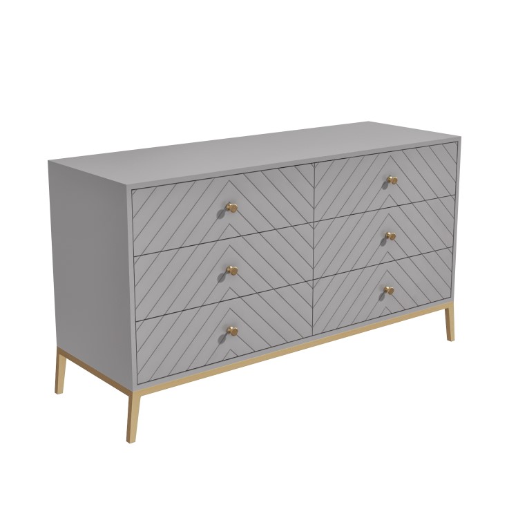 Ezra Chevron Wide Chest of Drawers in Pale Grey