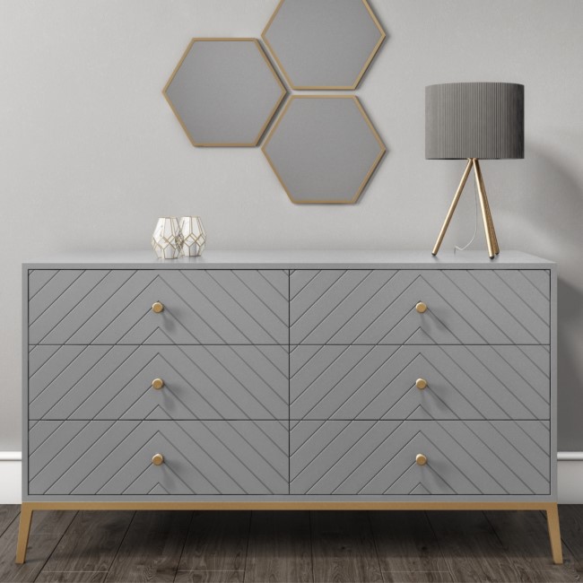 Wide Grey Chevron Chest of 6 Drawers with Legs - Ezra