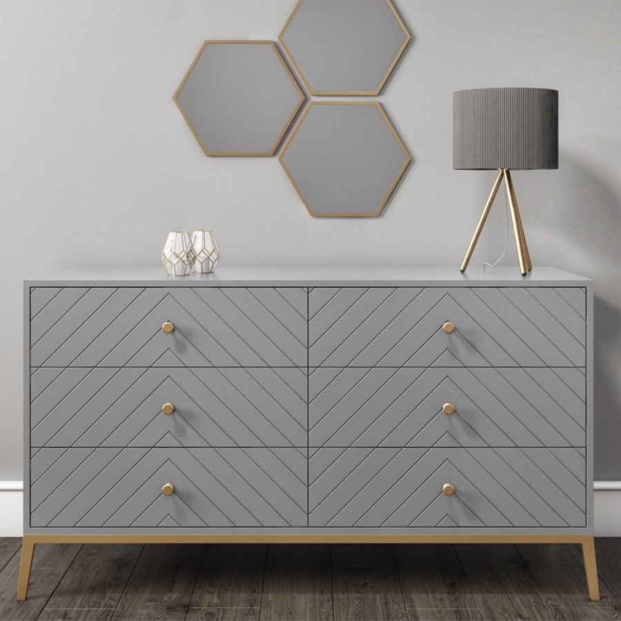 GRADE A2 - Ezra Chevron Wide Chest of Drawers in Pale Grey