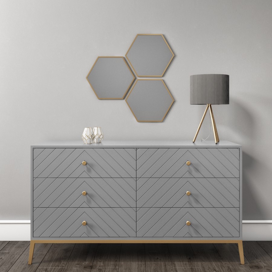 GRADE A2 - Ezra Chevron Wide Chest of Drawers in Pale Grey