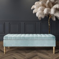 GRADE A1 - Safina Striped Top Ottoman Storage Bench in Duck Egg Blue Velvet