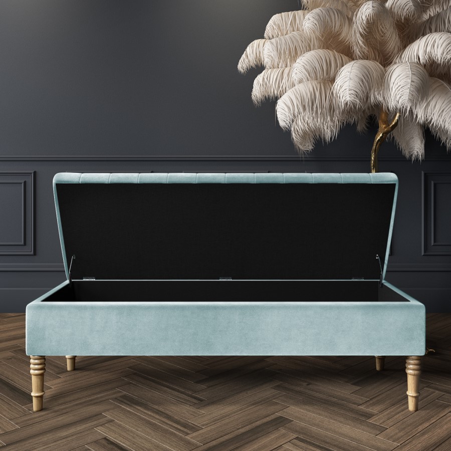 GRADE A1 - Safina Striped Top Ottoman Storage Bench in Duck Egg Blue Velvet