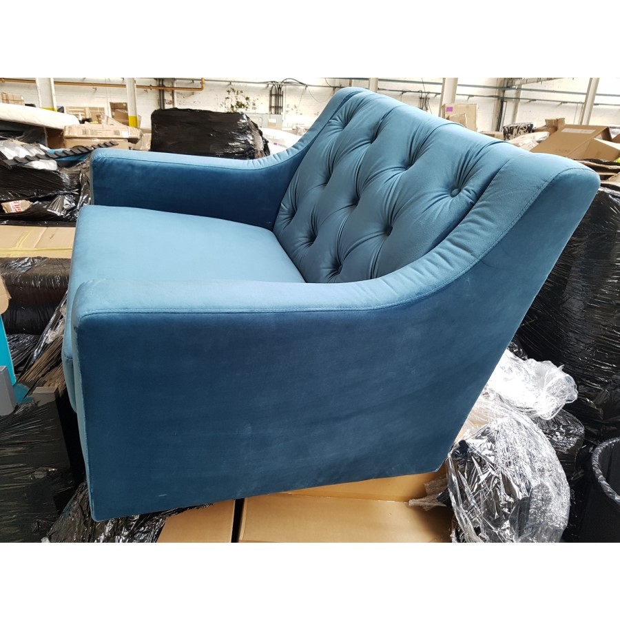 GRADE A2 - Blue Petrol Velvet Buttoned Armchair - Cole