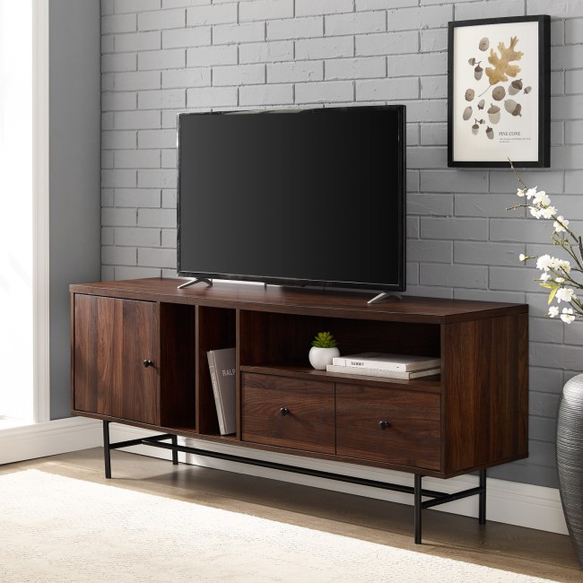 GRADE A1 - Dark Wood TV Unit with Black Metal - TVs up to 66" - Foster
