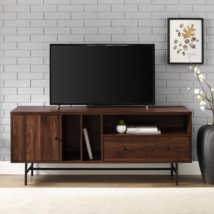 Dark Wood TV Unit with Black Metal - TVs up to 66" - Foster