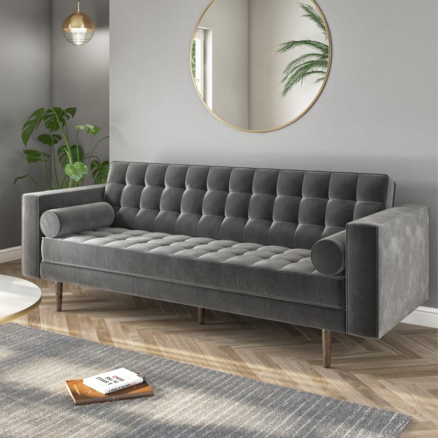 GRADE A1 - Buttoned Grey Velvet Sofa - 3 Seater with Cushions - Elba