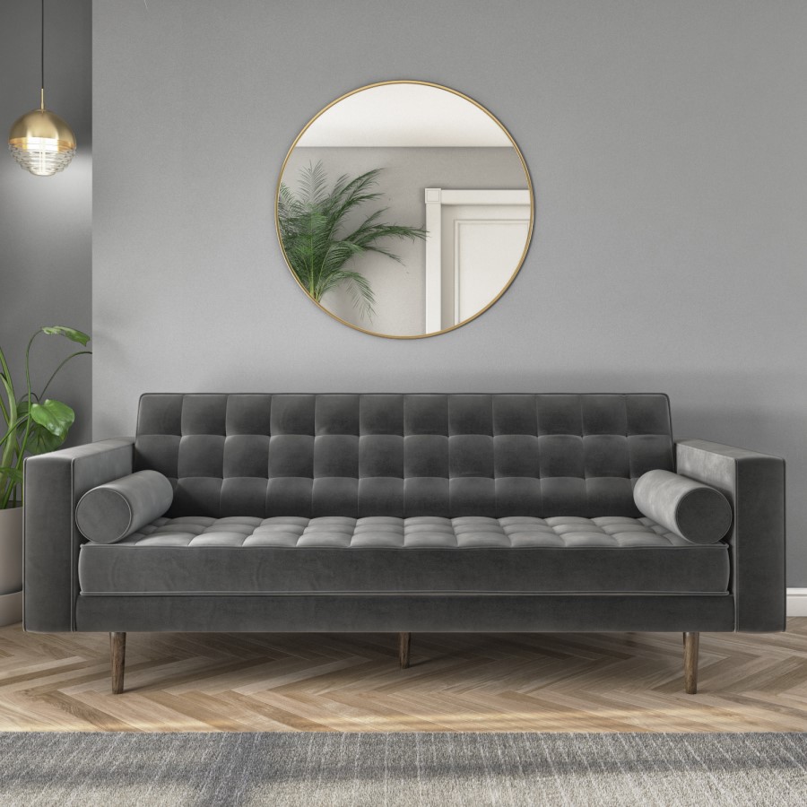 GRADE A1 - Buttoned Grey Velvet Sofa - 3 Seater with Cushions - Elba