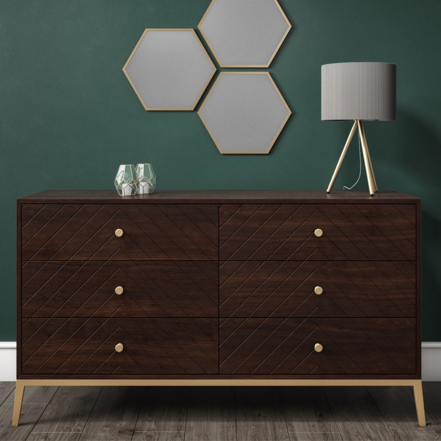 GRADE A1 - Jude Chevron Wide Chest of Drawers in Dark Wood