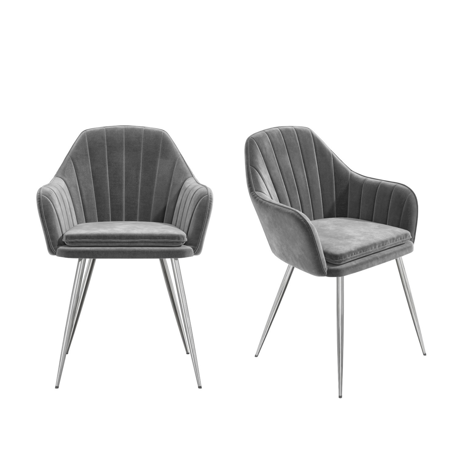 Set Of 2 Grey Velvet Dining Tub Chairs, Grey Real Leather Dining Room Chairs With Chrome Legs