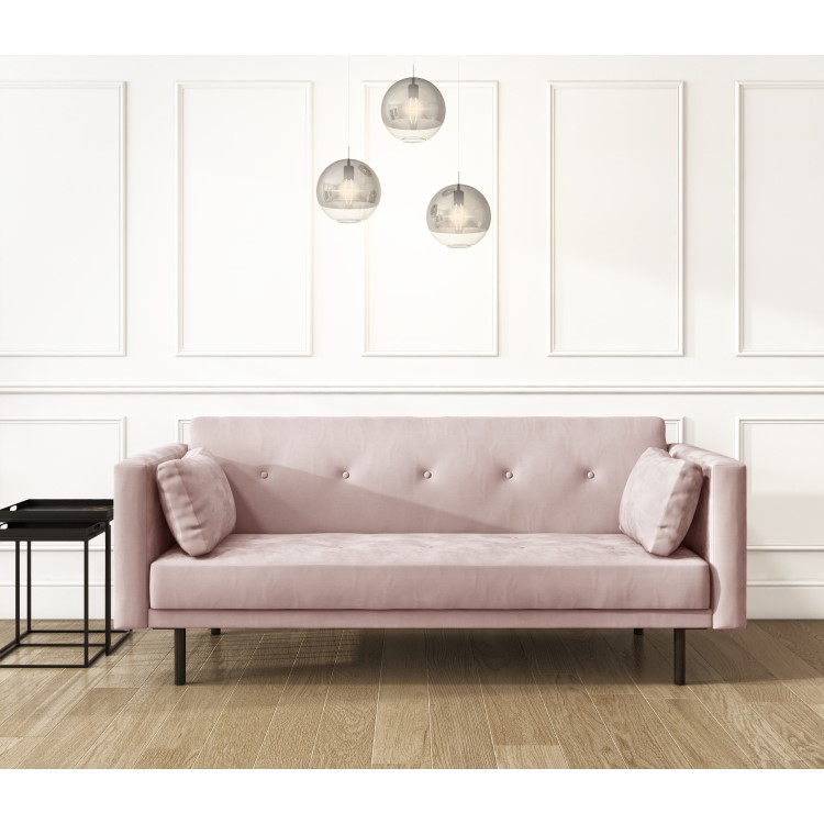 Velvet Sofa Bed in Baby Pink with Buttons - Seats 3 - Rory