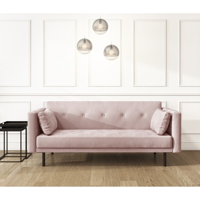 GRADE A2 - Velvet Sofa Bed in Baby Pink with Buttons - Seats 3 - Rory