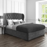 GRADE A2 - Safina King Size Wing Back Ottoman Bed in Grey Velvet