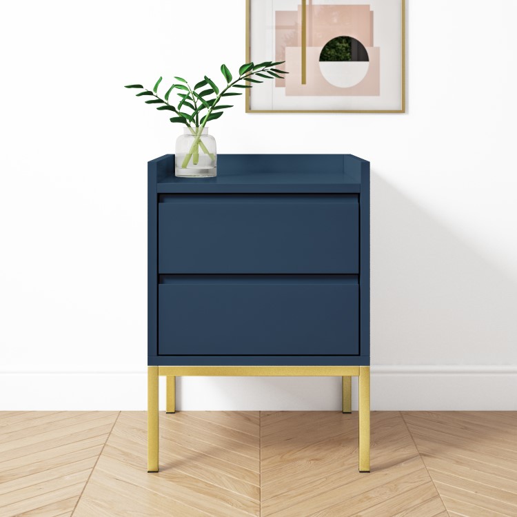 GRADE A2 - Navy Blue Modern 2 Drawer Bedside Table with Legs - Zion