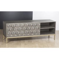 GRADE A1 - Grey Mango Wood TV Unit with Storage Shelves - Alice
