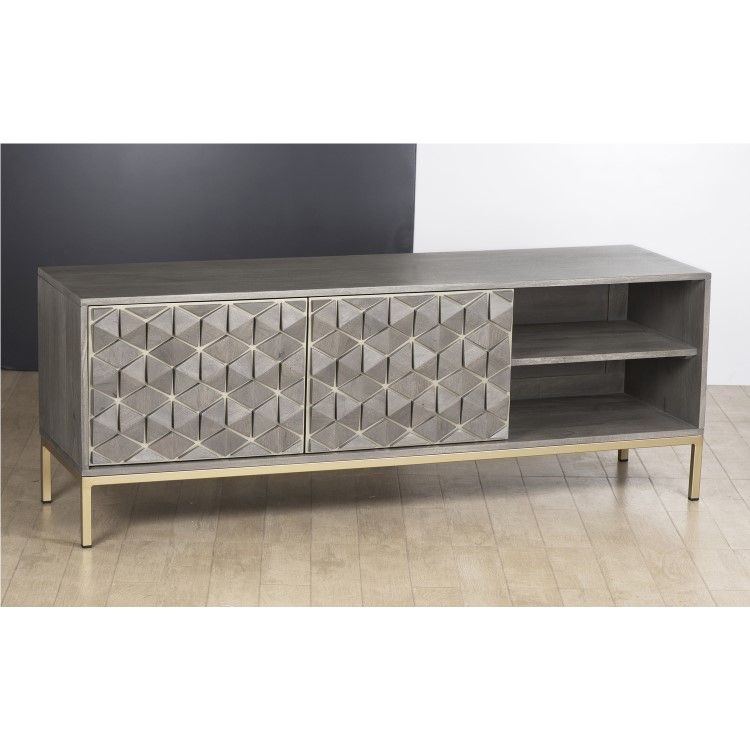 GRADE A2 - Grey Mango Wood TV Unit with Storage Shelves - TV's up to 55" - Alice