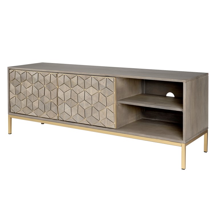 GRADE A2 - Grey Mango Wood TV Unit with Storage Shelves - TV's up to 55" - Alice