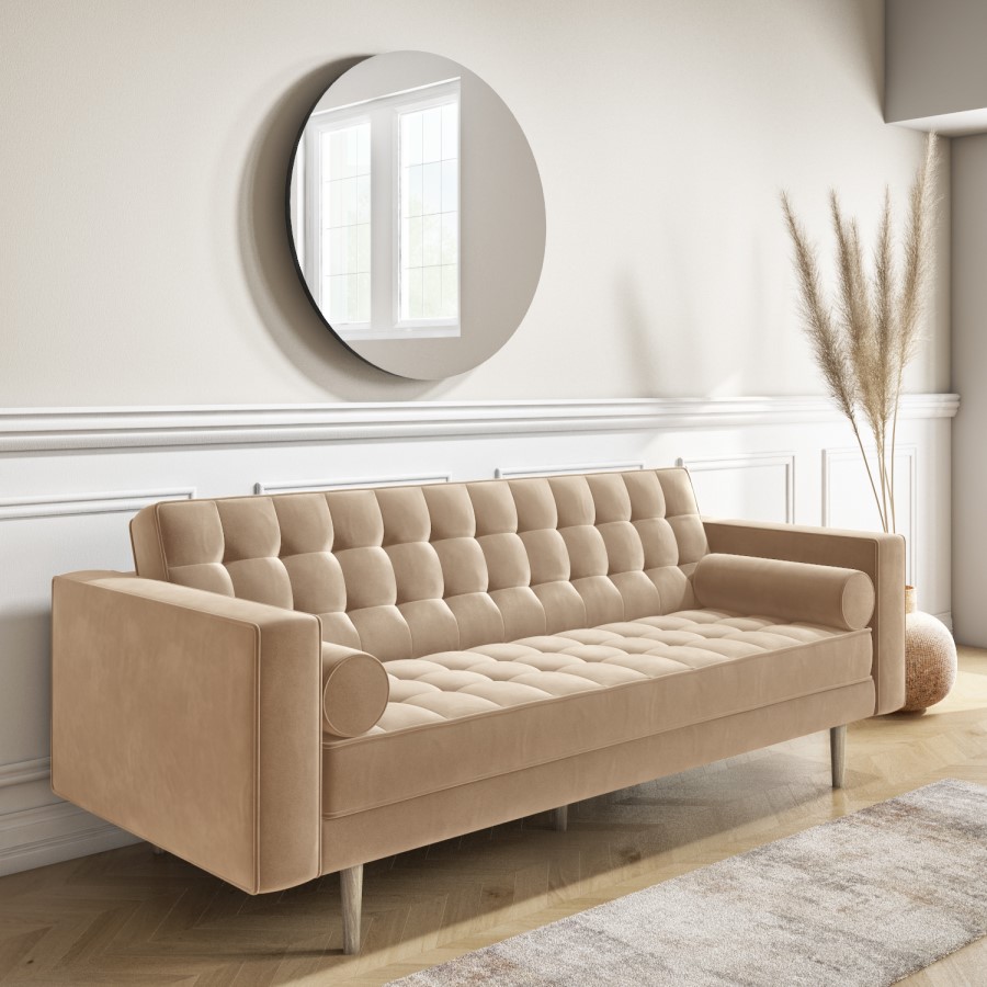 GRADE A1 - Beige Velvet 3 Seater Sofa with Bolster Cushions - Elba