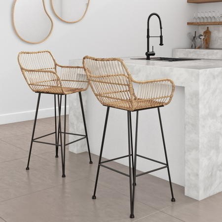 Brown Rattan Effect Barstools With Arms, Wicker Breakfast Bar Stools Uk