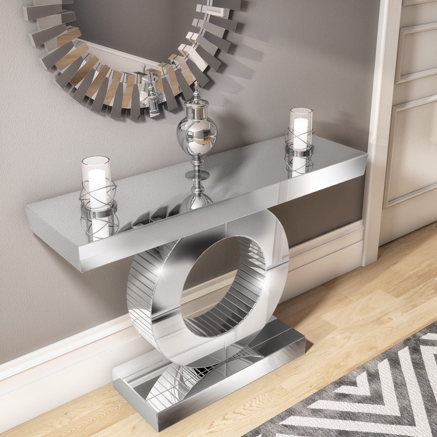 Narrow Mirrored Hall Console Table with Panelled Design - Jade Boutique ...