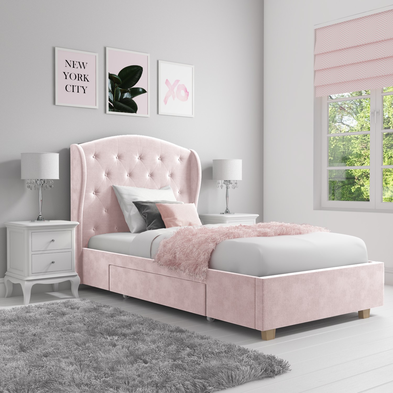 Pink Velvet Upholstered Single Bed Frame with Storage Drawer - Safina ...