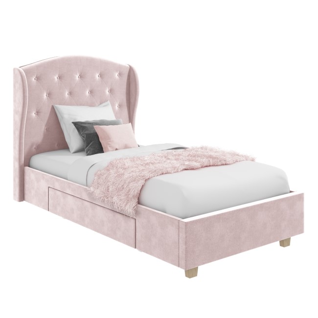 Pink Velvet Upholstered Single Bed Frame with Storage Drawer - Safina