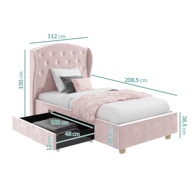 Pink Velvet Upholstered Single Bed Frame with Storage Drawer - Safina