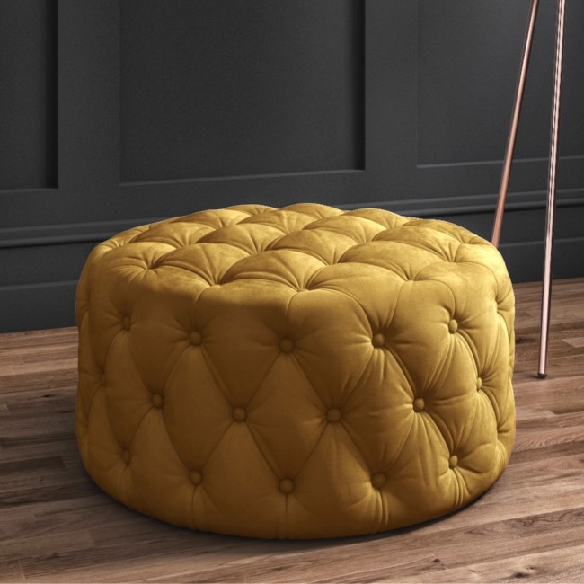 GRADE A1 - Xena Yellow Velvet Pouffe with Quilted Buttons