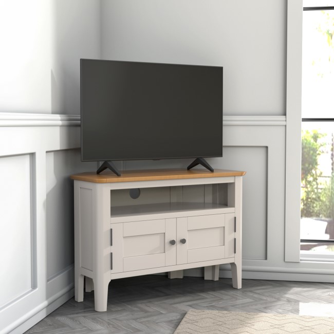 GRADE A2 - Corner TV Unit in Grey and Solid Oak with Storage - Adeline