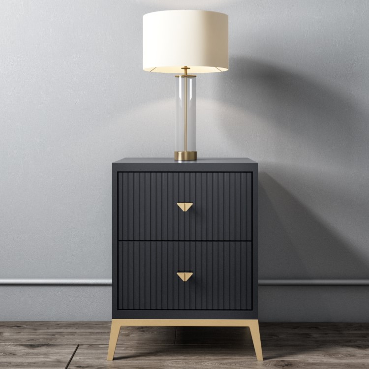 Dark Grey Art Deco 2 Drawer Bedside Table with Legs - Maya