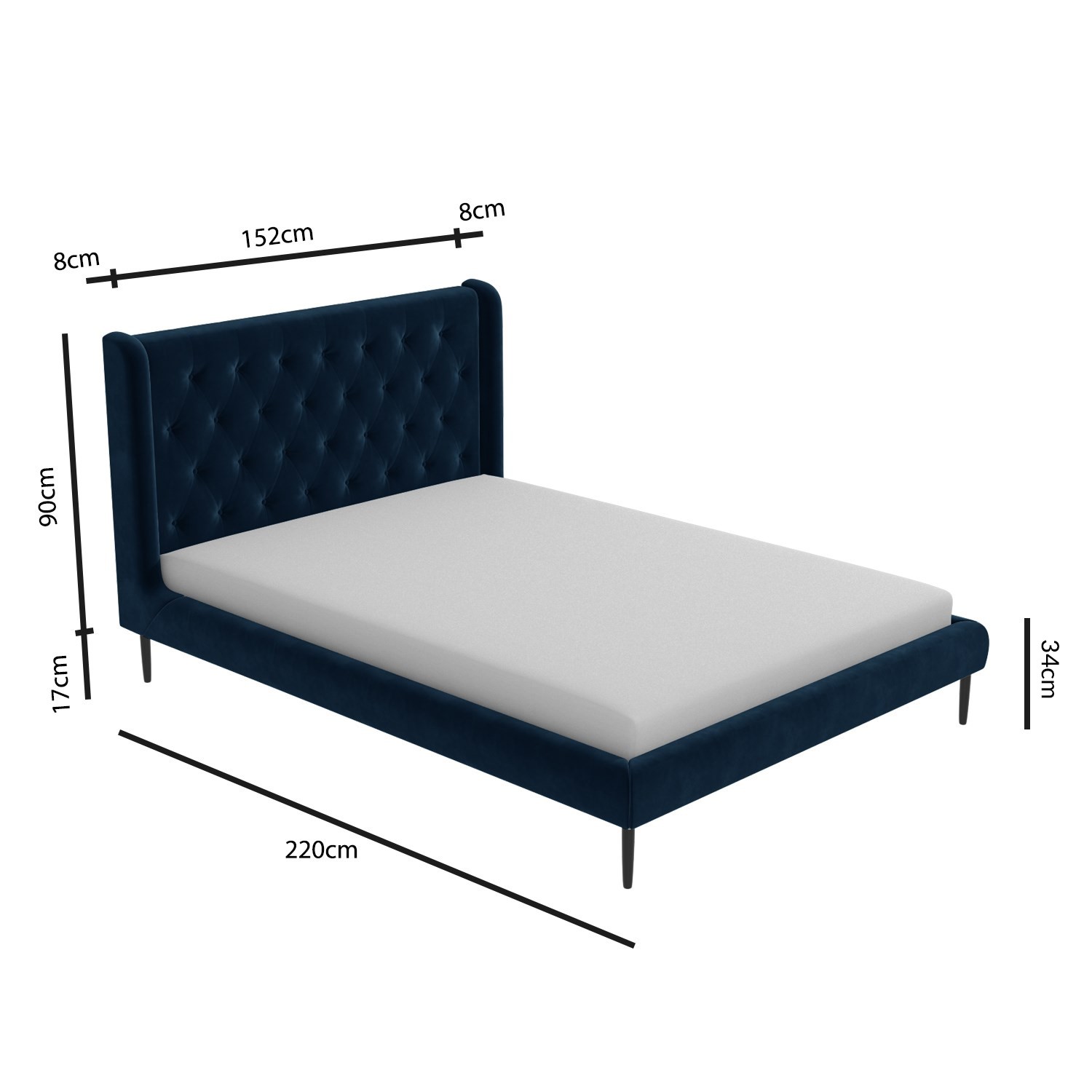 Navy Velvet King Size Bed Frame With, What Are The Dimensions For A King Size Bed Frame