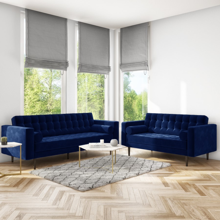 GRADE A2 - Elba Blue Velvet Sofa with Button Detailing & Bolster Cushions - Seats 2