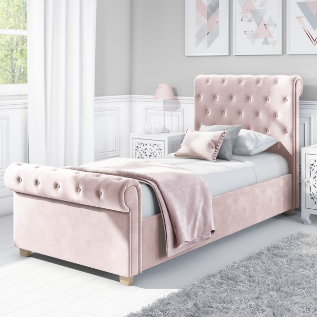 GRADE A1 - Safina Roll Top Single Sleigh Bed in Baby Pink Velvet