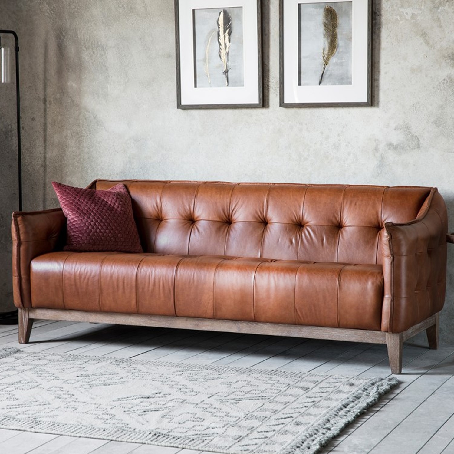 Brown Leather 3 Seater Tufted Sofa - Caspian House - Furniture123