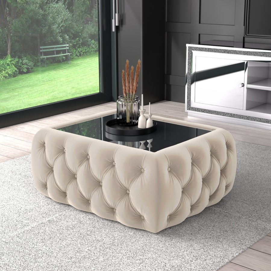 GRADE A2 - Clio Rectangle Storage Coffee Table in Cream Velvet with Mirrored Top