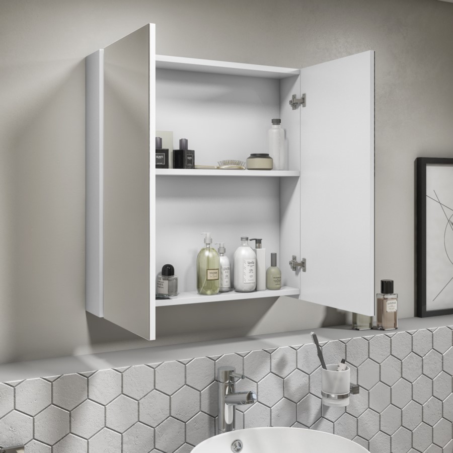 White Mirrored Wall Bathroom Cabinet 600 x 650mm - Portland