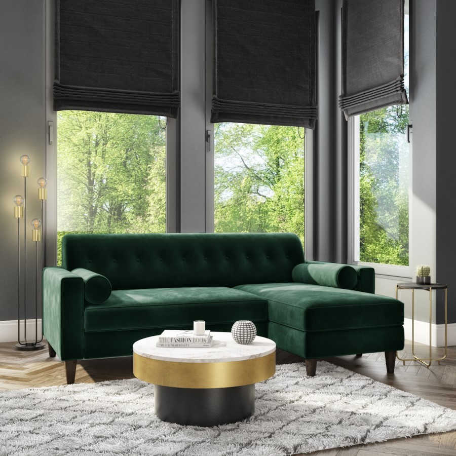 GRADE A2 - Right Hand Facing Dark Green Velvet Corner Sofa with Bolster Cushions - Seats 3 - Idris