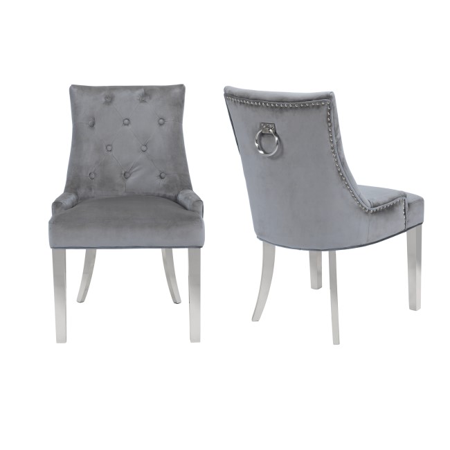 GRADE A2 - Pair of Grey Knocker Chairs in Velvet with Chrome Legs & Studs - Jade Boutique 