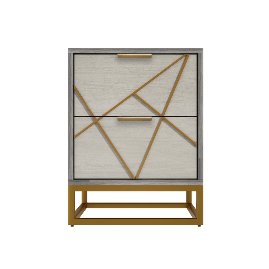 Zhara 2 Drawer Bedside Table in Grey with Gold Painted Wooden Trim