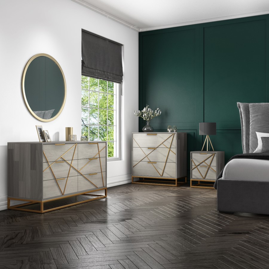 Zhara 2 Drawer Bedside Table in Grey with Gold Painted Wooden Trim